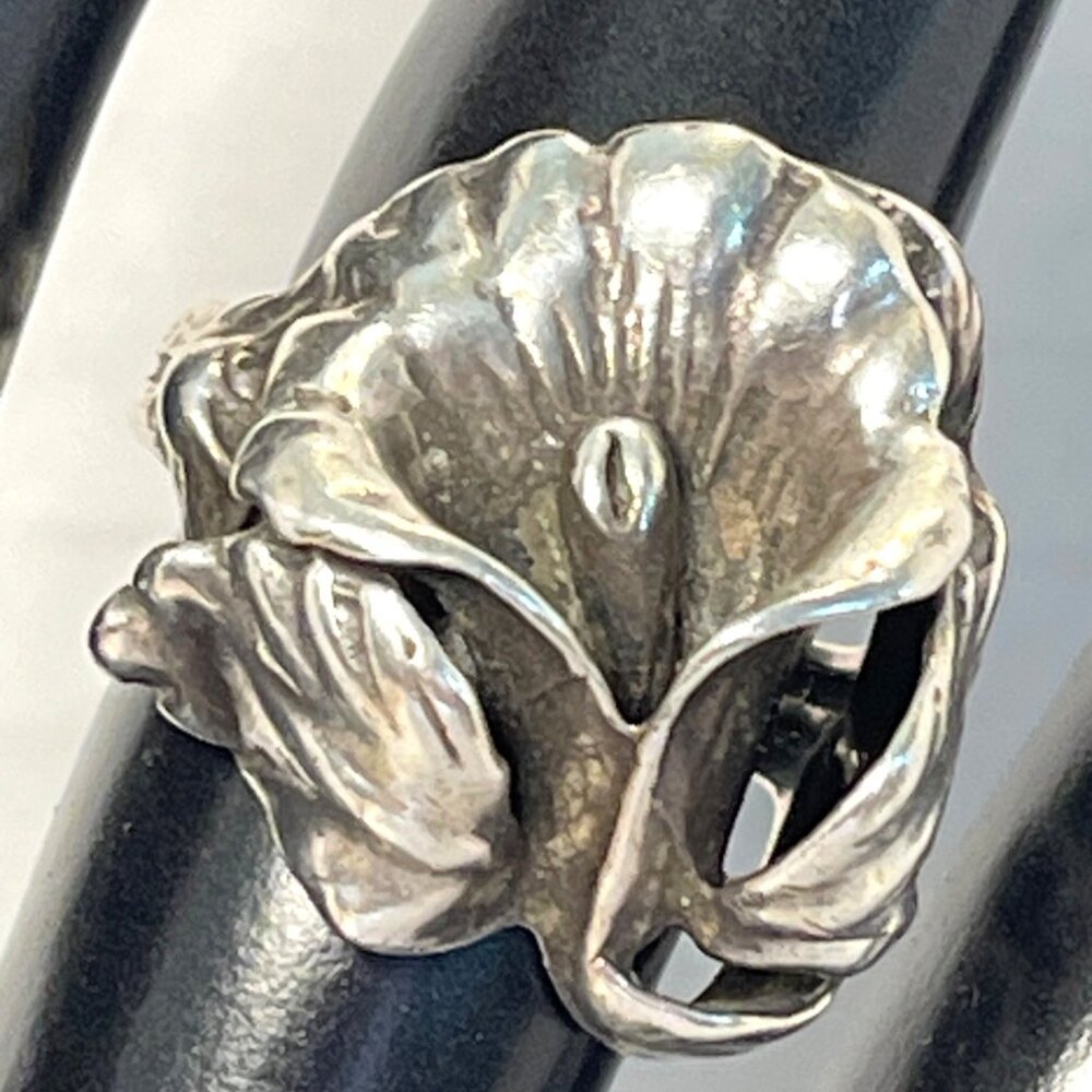 Sterling Silver Art Nouveau Statement Calla Lily Floral Ring Size 6.5 Vintage